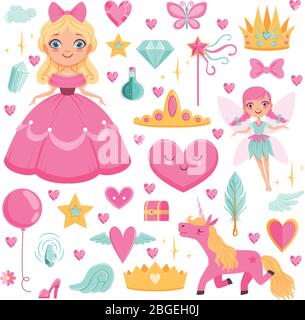 Principessa con unicorno fiabesco, mago e i loro elementi magici. Set di immagini vettoriali Illustrazione Vettoriale
