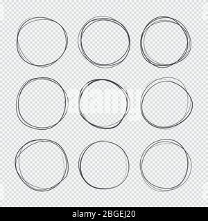 Dodle cerchi disegnati. Set di vettori isolati per anelli di incisione disegnati a mano. Tracciare e disegnare l'anello circolare a forma di dondolo, illustrazione della traccia di graffio circolare e circolare Illustrazione Vettoriale