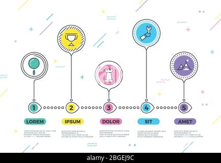 Elaborare l'infografica aziendale vettoriale con i passaggi strategici per il pianificatore aziendale. Sequenza temporale del layout dei passaggi, grafico dei progressi e illustrazione della presentazione della strategia Illustrazione Vettoriale
