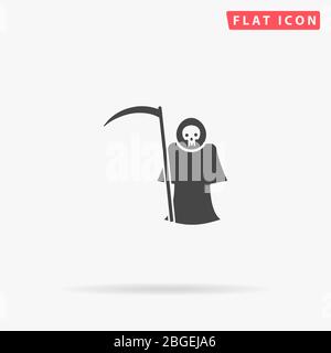 Grima Reaper, icona del vettore piatto morte. Segno di stile glifo. Semplice simbolo di illustrazioni disegnate a mano per infografiche concettuali, progetti progettuali, UI e UX, w Illustrazione Vettoriale