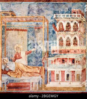 Giotto di Bondone, Cristo appare a San Francesco d'Assisi in un sogno, (il sogno di cavalleria), 1296-1298 Foto Stock