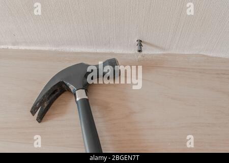 Martello e tassello. Lavori di riparazione in casa Foto Stock
