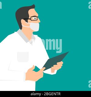 Il medico nella maschera su sfondo verde. Il medico tiene una cartella nelle sue mani. Illustrazione vettoriale Illustrazione Vettoriale