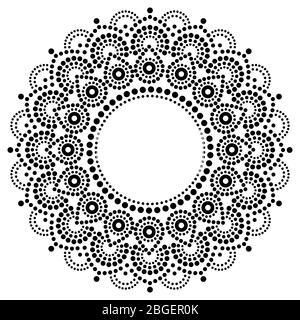 Disegno vettoriale bohemien di pittura a punti mandala, stile aborigeno, ornamento boho australiano di arte popolare in nero su sfondo bianco Illustrazione Vettoriale