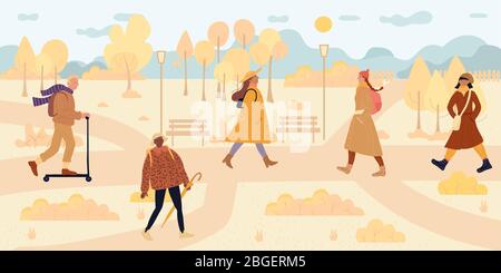Persone che camminano lungo in autunno stagione parco Illustrazione Vettoriale