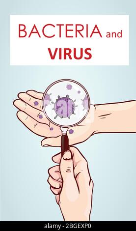 Lavaggio a mano lente di ingrandimento batteri virus concetto di mano di una lente di ingrandimento che zoomando su virus o cellule batteriche su una mano Illustrazione Vettoriale
