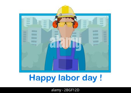 Giornata di lavoro. Happy hour day frame con silhouette dei lavoratori e case cittadine isolate su sfondo bianco. Illustrazione della giornata internazionale dei lavoratori. Vettore Illustrazione Vettoriale
