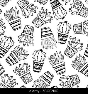 Modello senza cuciture con cactus di piante in vaso e succulenti in stile alodino isolato su sfondo bianco. Illustrazione del profilo vettoriale piante domestiche in p Illustrazione Vettoriale