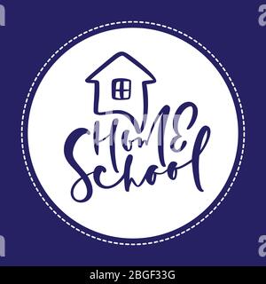 Concetto di casa scuola logo. Vector Home Scuola calligrafia testo e casa icona. Per studiare a casa online. Illustrazione emblema di Illustrazione Vettoriale