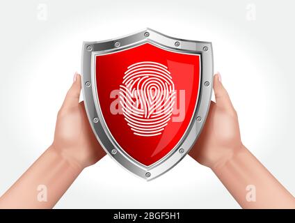 Mani che tengono uno scudo che simboleggia la protezione dei dati tramite un'impronta digitale. Illustrazione Vettoriale