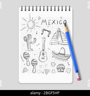 Disegna matita simboli messicani di set su notebook realistico. Illustrazione vettoriale Illustrazione Vettoriale