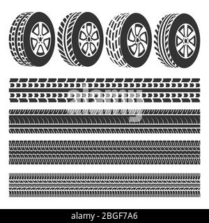 Negozio di pneumatici, le piste di pneumatici sono isolate da vettori su sfondo bianco Illustrazione Vettoriale