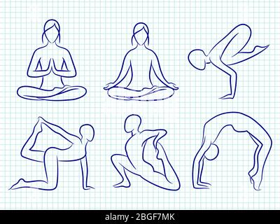 Fitness yoga pilates silhouette disegnate a mano del set. Illustrazione vettoriale Illustrazione Vettoriale