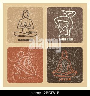 Grunge yoga e pilates linea emblemi. Yoga di posa del vettore, esercitazione di salute per l'illustrazione del corpo Illustrazione Vettoriale