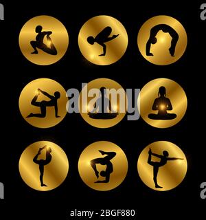 Golden yoga pone icone con silhouette femminile isolato su nero. Illustrazione vettoriale Illustrazione Vettoriale