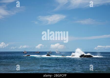 Barche al festival di pesca a Cidade Velha, Capo Verde Foto Stock