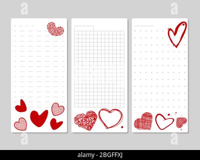 Blocchi per note ed elenchi con cuori disegnati a mano. Elenco e nota su carta con cuore rosso. Illustrazione vettoriale Illustrazione Vettoriale