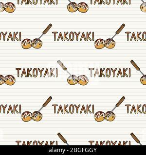 Kawaii takoyaki giapponese bento box pasto con testo senza cuciture vettore modello. Palle di polpo orientali disegnate a mano. Delizioso cibo di strada a base di pesce per tutti i viaggi Illustrazione Vettoriale