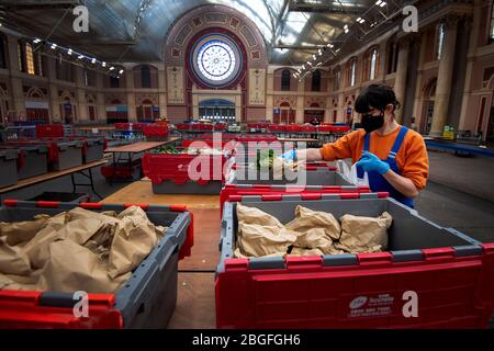 I volontari del progetto Edible London Food aiutano a preparare pacchi di cibo presso Alexandra Palace di Londra, che è stato trasformato in un centro di distribuzione alimentare per aiutare coloro che sono in necessità durante l'epidemia di coronavirus. Foto Stock