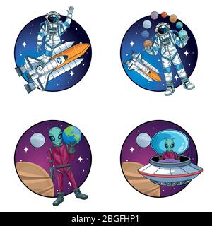 gruppo di astronauti e alieni nei personaggi spaziali Illustrazione Vettoriale