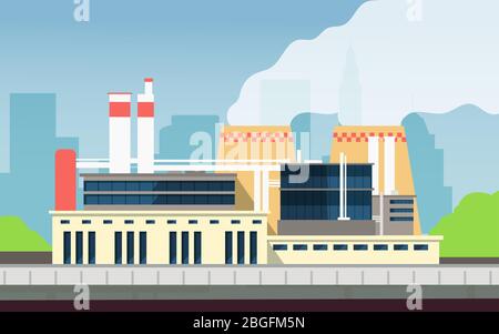 Costruzione di edifici industriali con paesaggio urbano. Protezione ambientale e tecnologia ecologica concetto di vettore vegetale. Industria edilizia, produzione di impianti Illustrazione Vettoriale