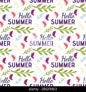 Ciao testo saluto estate, stagionale Foliage, Farfalle. Flat Seamless Pattern on Holiday and Vacation idea. Ripetere il modello astratto per Summertime Illustrazione Vettoriale