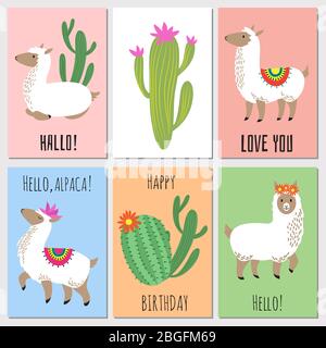 Carino messicano alpaca kids vettore invito carte. Animale alpaca e illustrazione dei lama messicani Illustrazione Vettoriale