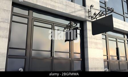 Un segno ornato montato all'esterno di una generica facciata negozio senza marchio sulla strada alta di giorno - 3D rendering Foto Stock