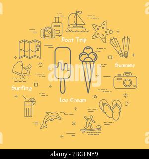 Concetto lineare vettoriale di estate con gelato Illustrazione Vettoriale