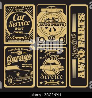 Servizio auto retro e etichette garage design vintage di set. Illustrazione vettoriale Illustrazione Vettoriale