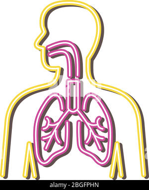 Illustrazione in stile retrò che mostra un cartello al neon degli anni '90 che illumina un sistema respiratorio umano su sfondo isolato. Illustrazione Vettoriale