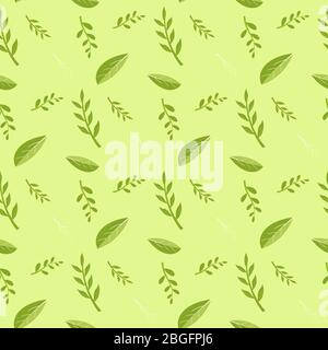 Cartoon senza cuciture motivo floreale. Decor sfondo con foglie verdi e steli di piante. Invito acquerello e creazione di carte su sfondo giallo. Stampa Illustrazione Vettoriale