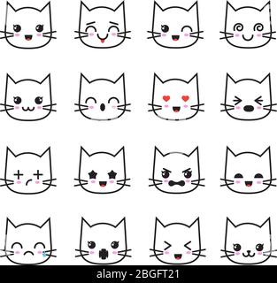 Collezione emoticon kitten kawaii cute. Divertente bianco gatto emoji vettore avatar. Personaggio cartoon gatto faccia, kawaii avatar emoticon illustrazione Illustrazione Vettoriale
