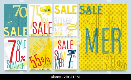 Set di sconti speciali per l'estate creativa. Migliore offerta per lo shopping con il 55, 70, 75% di sconto. Kit modello voucher Vector. Colore Illustrazione Vettoriale