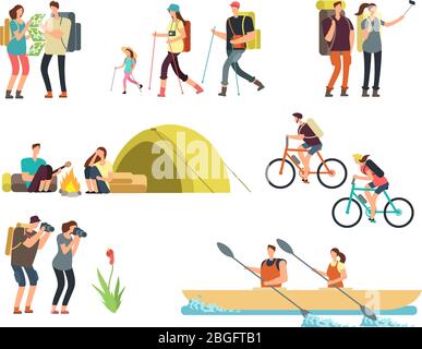 Escursionisti attivi. Cartone animato per famiglie all'aperto. Escursionismo e trekking turisti personaggi vettoriali isolati. Illustrazione di viaggi in famiglia, trekking e avventura Illustrazione Vettoriale