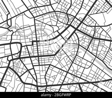 Mappa astratta di navigazione della città con linee e strade. Schema di pianificazione urbana in bianco e nero vettoriale. Illustrazione della mappa stradale in piano, navigazione grafica stradale Illustrazione Vettoriale