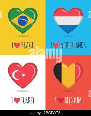 Poster amorevoli e colorati di Brasile, Paesi Bassi, Turchia e Belgio con bandiera nazionale a forma di cuore e testo illustrazione vettoriale Illustrazione Vettoriale