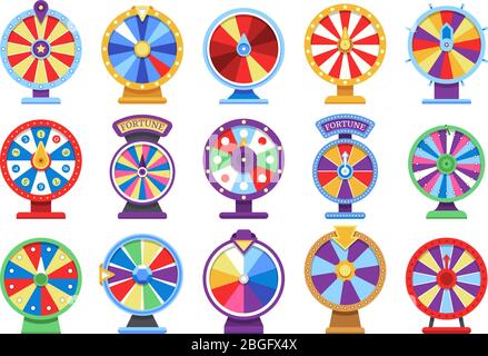 Set di icone piatte Fortune Wheels. Gira simboli di gioco di denaro fortunati ruota casinò. Gioco della ruota di fortuna, gioco di roulette del gioco del gioco del gioco del gioco del gioco Illustrazione vettoriale Illustrazione Vettoriale