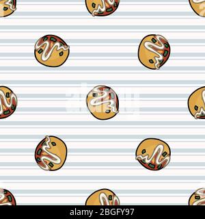 Kawaii takoyaki giapponese bento box pasto senza cuciture vettore modello. Palle di polpo orientali disegnate a mano. Carino pesce Street food per viaggi in tutta la stampa Illustrazione Vettoriale