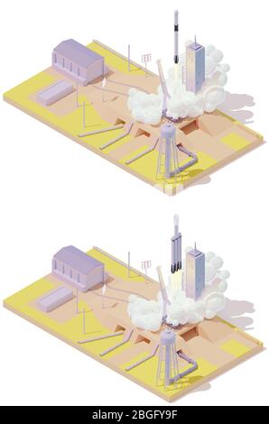 Infografica complessa sul lancio di razzi spaziali isometrici vettoriali. Navicella spaziale moderna sul pad di lancio. Il razzo si solleva dalla piattaforma di lancio. Edifici e. Illustrazione Vettoriale