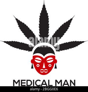 Tradizionale disegno del logo medico indiano con foglia di cannabis e modello del logo indiano del carattere Illustrazione Vettoriale