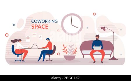 Banner Pubblicità spazio moderno Coworking. Personaggi dei cartoni animati Freelance seduti al tavolo o sul laptop di battitura divano. Ufficio spazio aperto creativo. SH Illustrazione Vettoriale