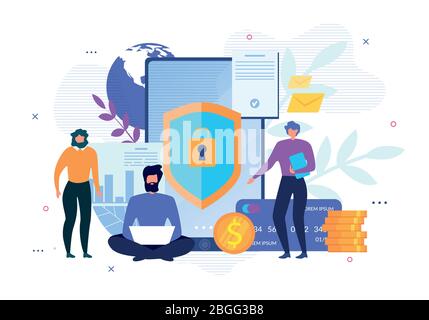 Dati personali sicurezza Internet, protezione conto privato e transazioni finanziarie sicure. Poster pubblicitario con le persone utilizzano la moderna tecnologia Makin Illustrazione Vettoriale