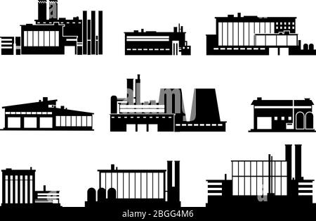 Fabbrica, stabilimento di produzione e magazzino icone di silhouette nera isolate. Costruzione di fabbrica, produzione e produzione, illustrazione vettoriale Illustrazione Vettoriale