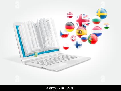 Un notebook con un libro per l'apprendimento delle lingue straniere. Il sistema di e-learning. Illustrazione Vettoriale