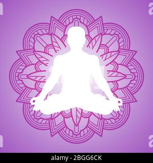 Meditazione persona su fiore mandala cornice. Logo Yoga. Meditazione dello yoga vettoriale e illustrazione del modello di mandala Illustrazione Vettoriale