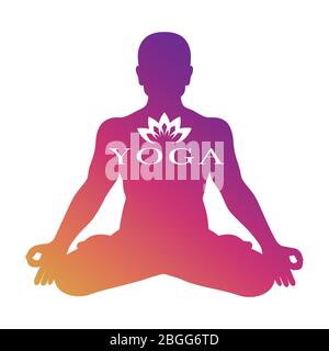 Logo yoga vettore design. Luminosa silhouette maschile meditazione isolata su sfondo bianco. Illustrazione della meditazione e del relax Illustrazione Vettoriale
