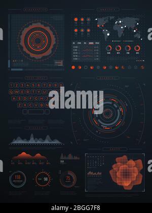Interfaccia virtuale hud futuristica digitale. Schermata Vector Technology con grafici di dati. Illustrazione dell'interfaccia con dati digitali Illustrazione Vettoriale