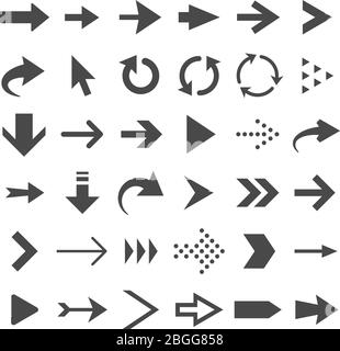 Icone Web freccia isolate, frecce del cursore, download e pulsanti di navigazione pagina successiva set di vettori. Illustrazione del puntatore a freccia circolare e della freccia di avanzamento dell'interfaccia Illustrazione Vettoriale