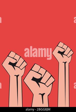 Folla di manifestanti. Poster vettoriale della mano sollevata. Concetto di rivoluzione o protesta. Chiuso il pugno Illustrazione Vettoriale